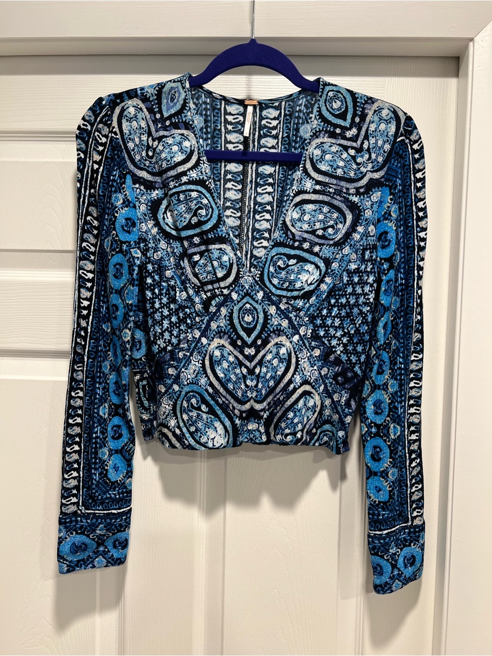 Free People Blue Paisley V-Neck Long Sleeve Top